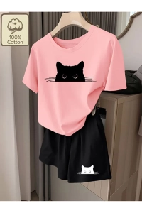 KEDİ Şort T-shirt - Şortlu Alt Üst Eşofman Takımı Baskılı Oversize Bisiklet Yaka